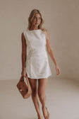 Alexi Button Mini Dress - White, Brown trim