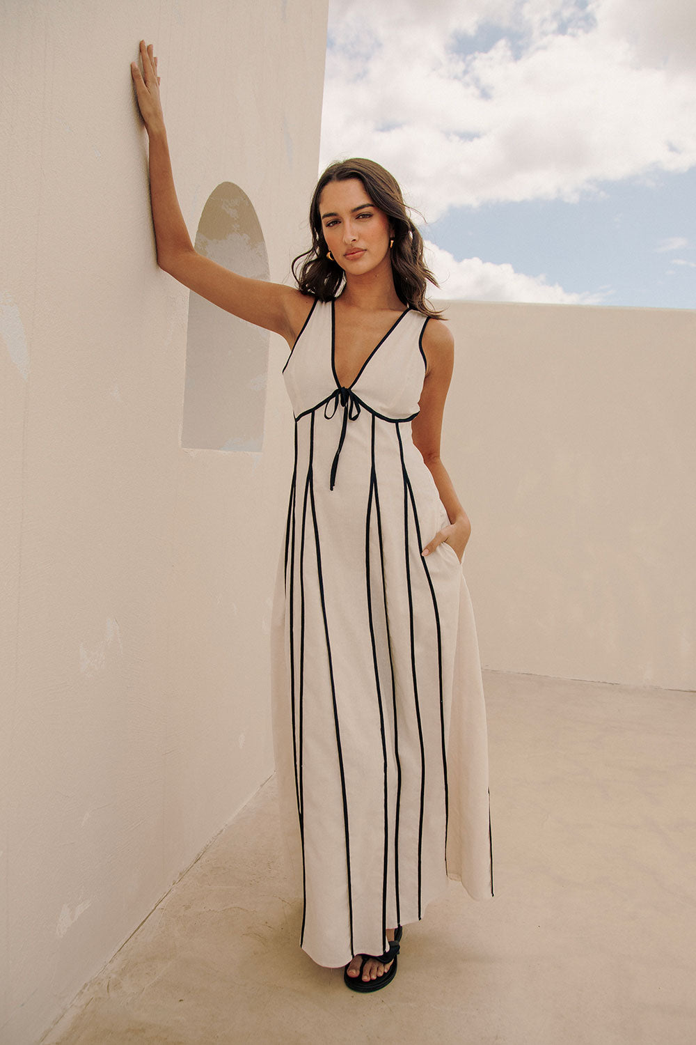 Maylin V Neckline Tie Maxi Dress - Cream, Black