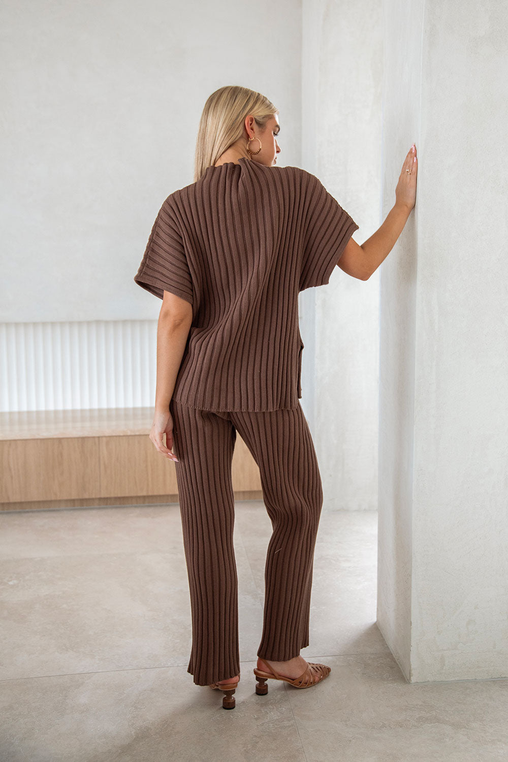 Chocolate Brown Ribbed Knit High Waist Celine Pants