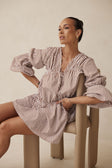 Naloo Long Sleeve Tie Mini Dress - Brown, White Stripe
