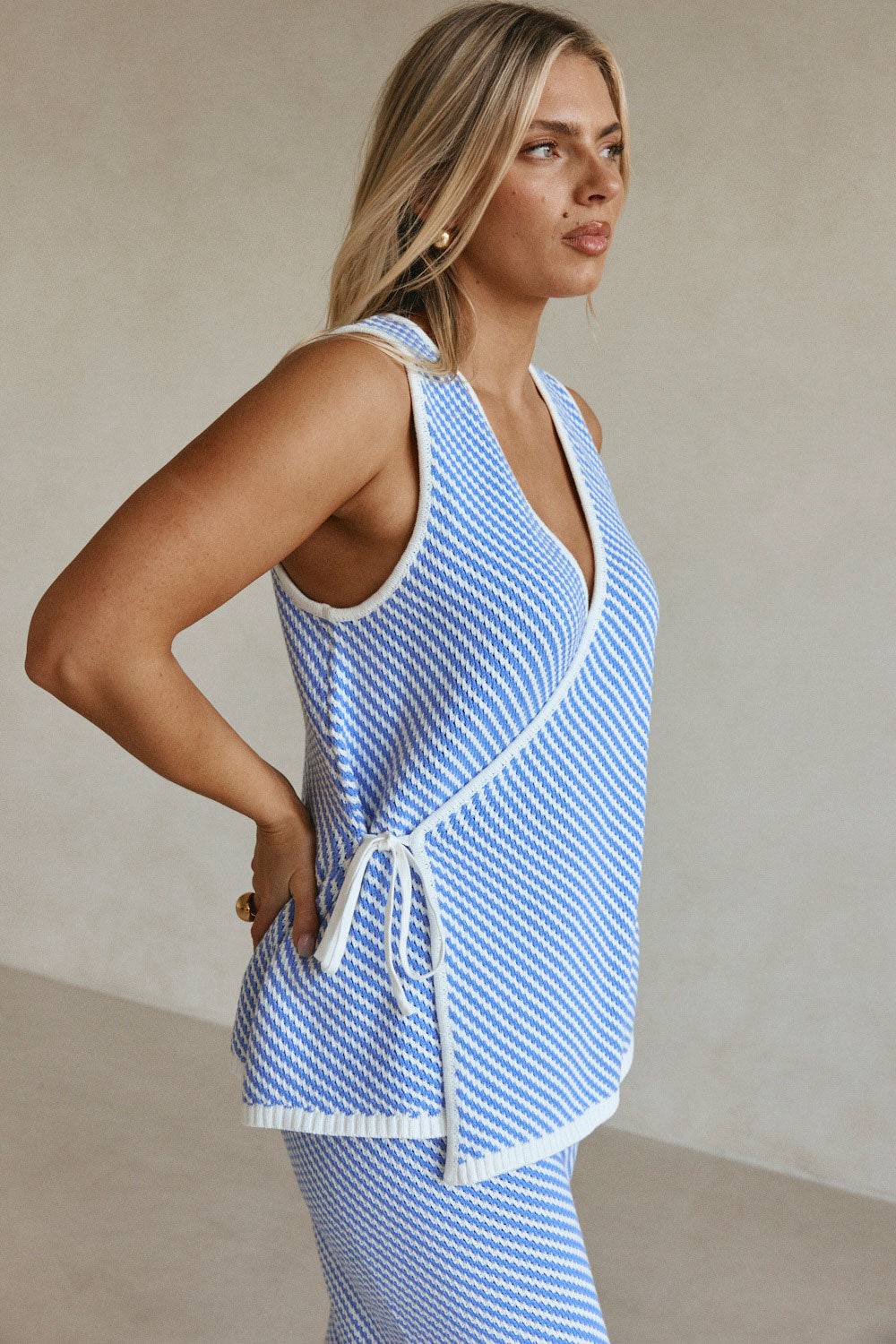 Blue and White Stripe Woven Wrap Billy Top
