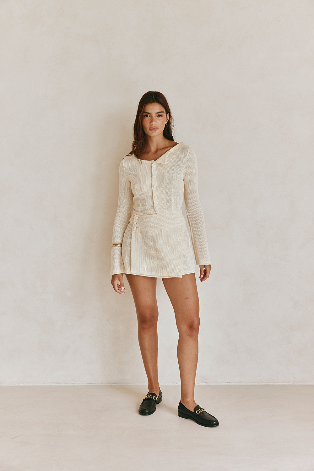 Violette Long Sleeve Button Up Mini Wrap Dress - Beige