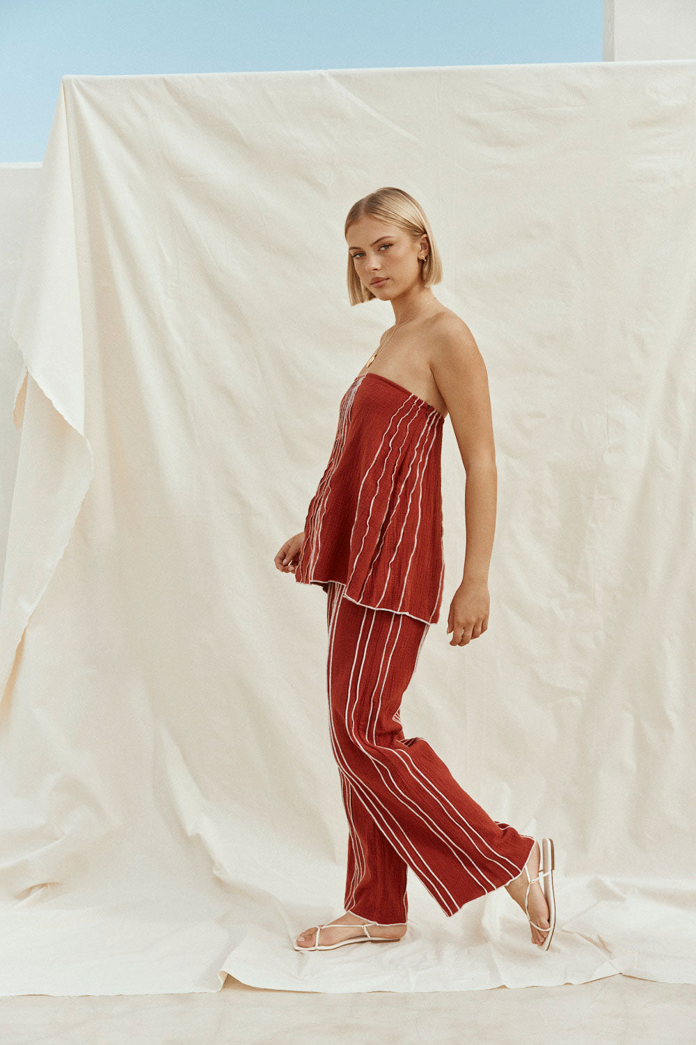 Merlot Red Cotton Elastic Drawstring Emilia Pants