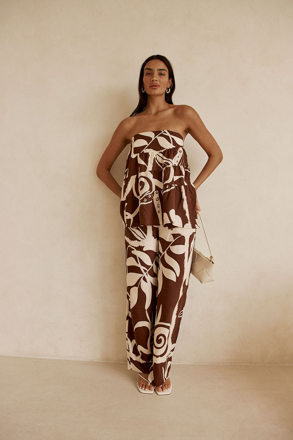 Brown and Cream Painted Tiles Strapless Presley Top