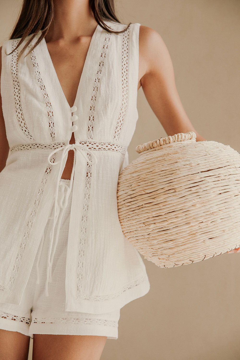 White Cotton Lace V Neck Split Cerelia Top