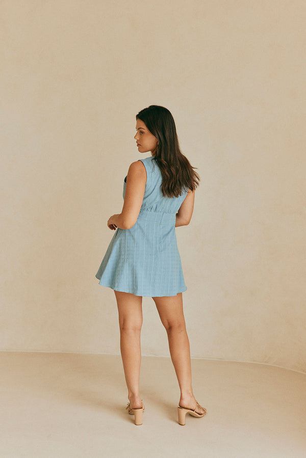 Blue V Neck Button Up Mini Shaelagh Dress