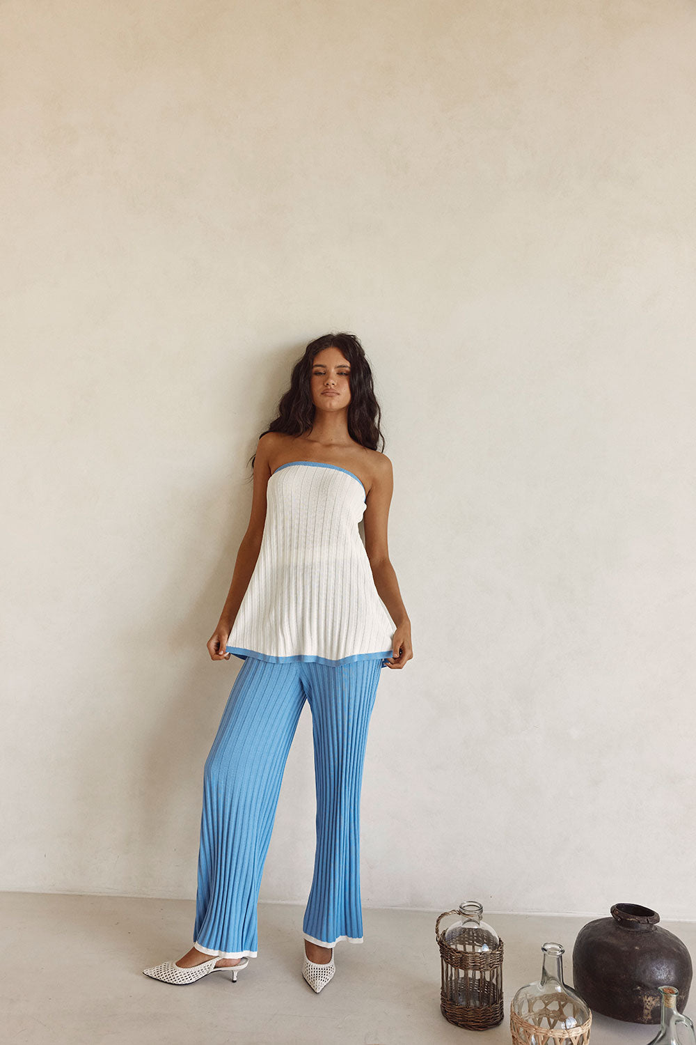 White and Blue Ribbed Strapless Winnie Top