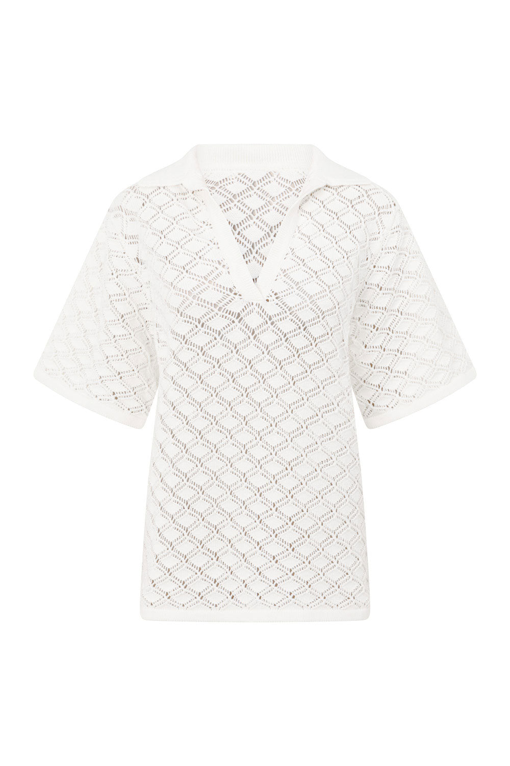 White Knit V Neck Collar Short Sleeve Aya Top