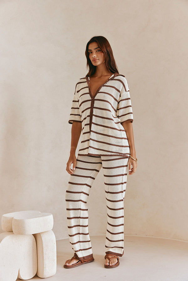 Mia Elasticated Pants - Cream, Brown stripe