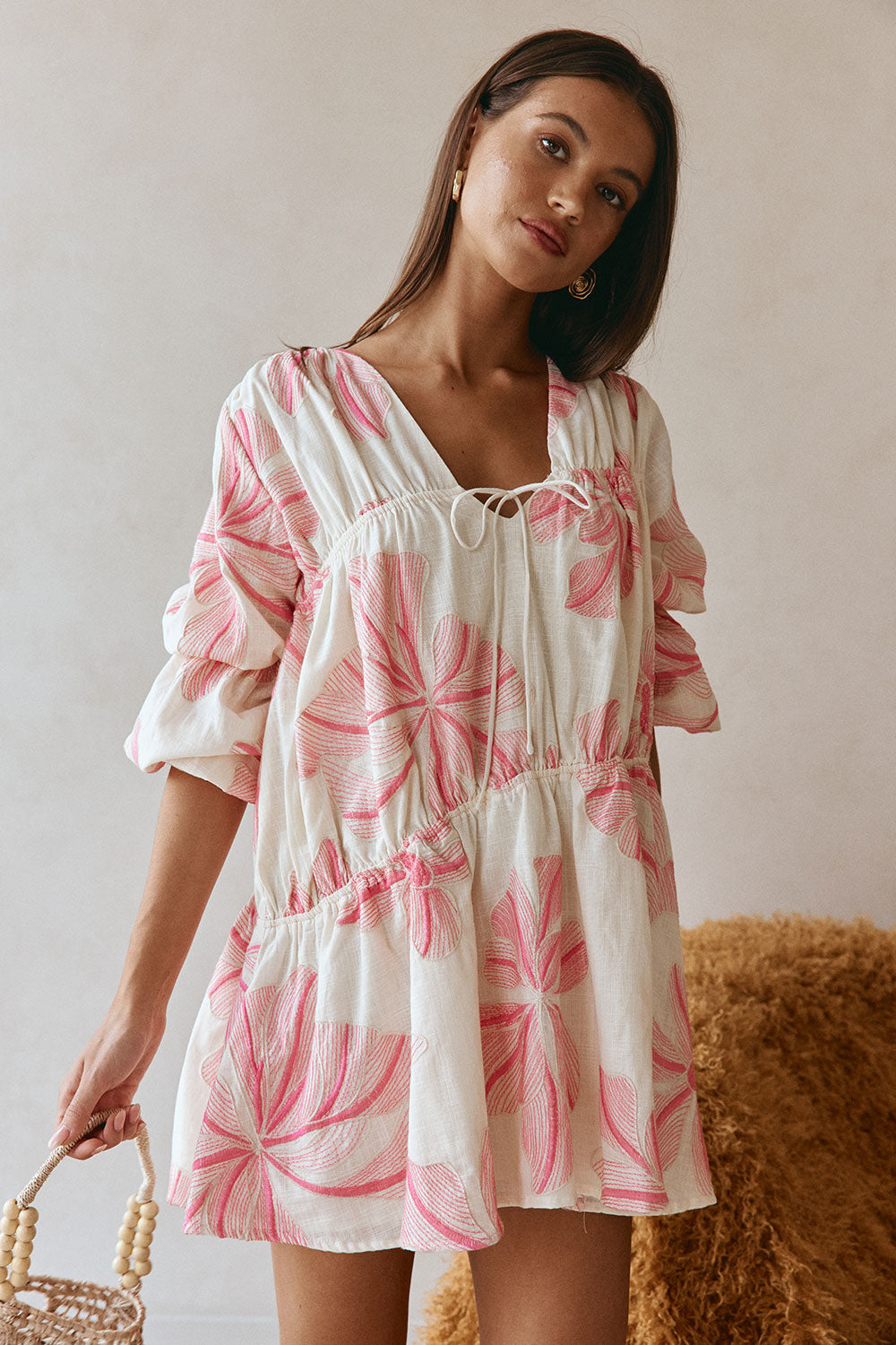 Pink Spring Floral Print Boxy Gathered Mini Naloo Dress
