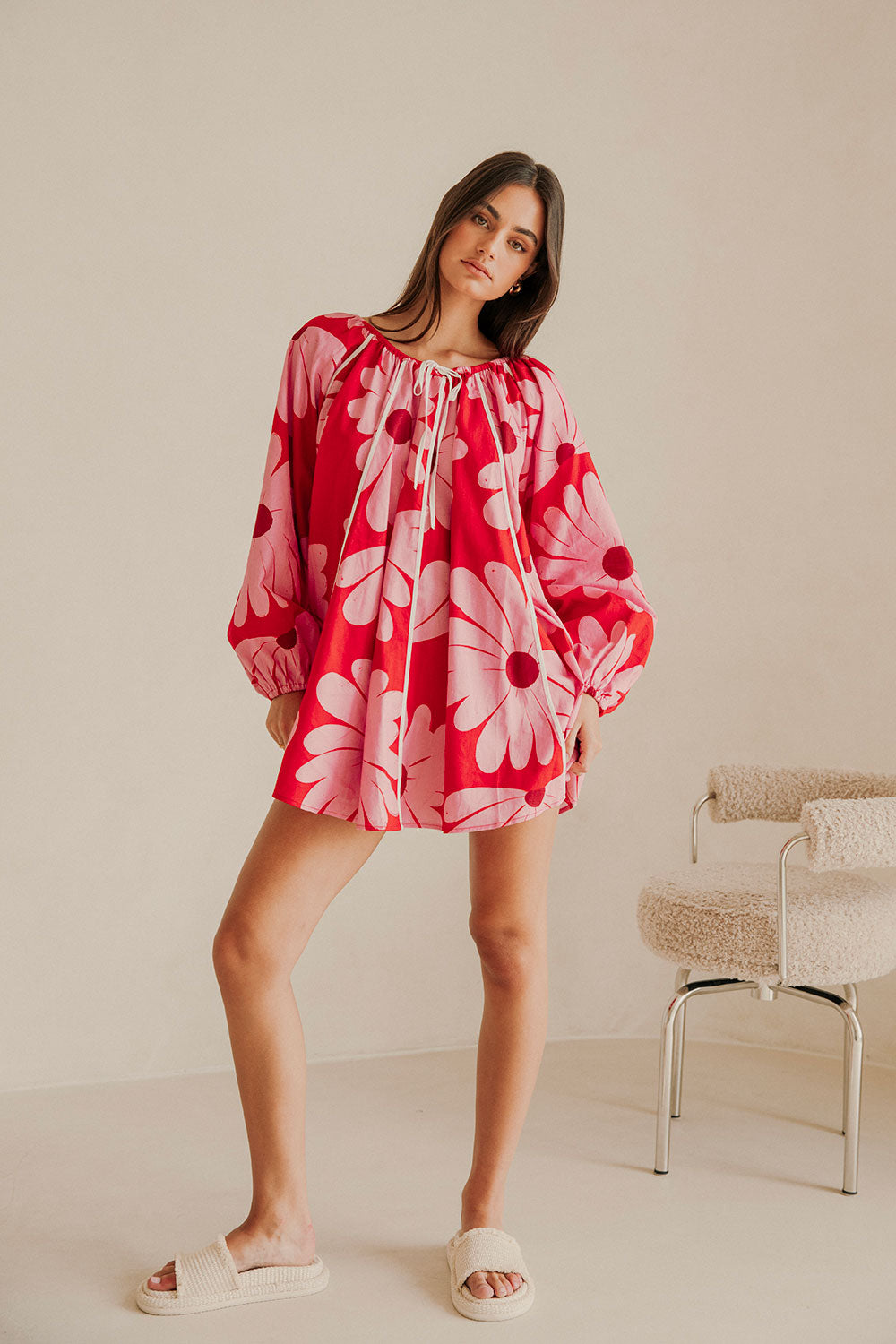 Veronica Flounce Long Sleeve Mini Dress - Pink White Daisy Red Print