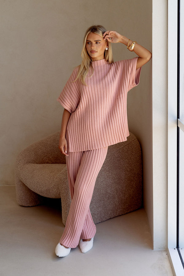 Blush Pink Ribbed Knit Short Sleeve Celine Top