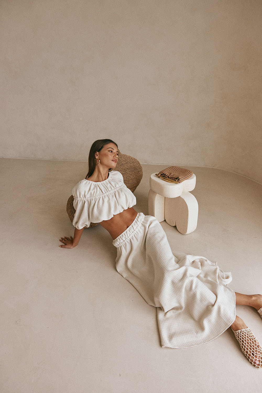 Beige Ruched A Line Maxi Astra Skirt