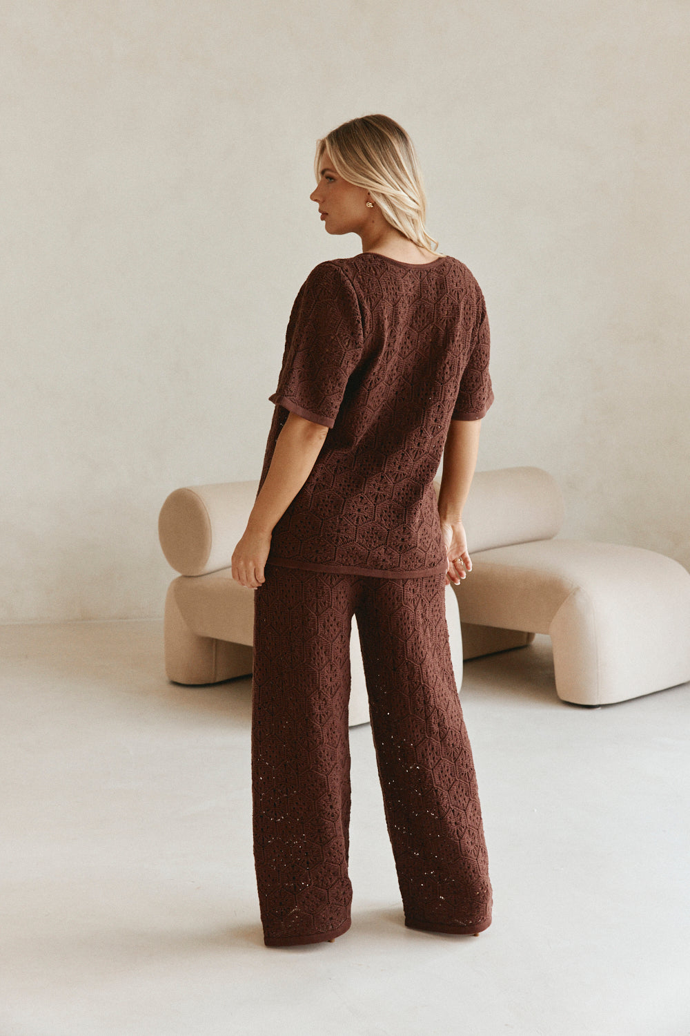 Brown Crochet Knit Button Up Umiko Top