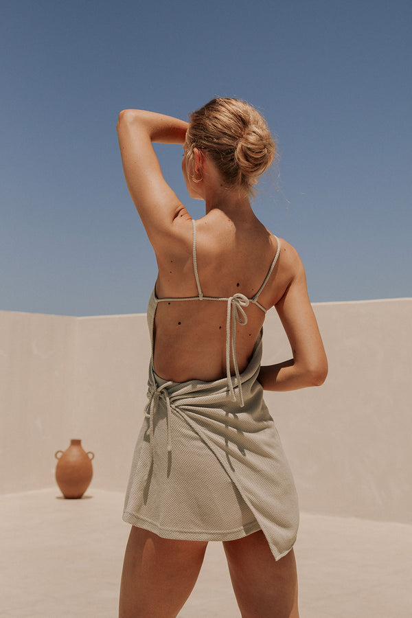 Grey Strappy Wrap Backless Mini Sweeney Dress