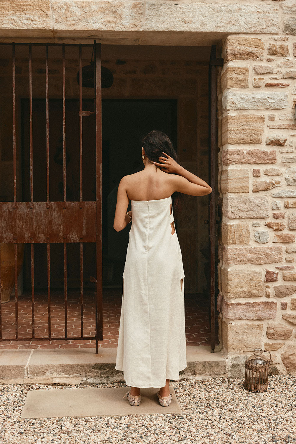 Beige Strapless Cut Out Side Split Maxi Belen Dress