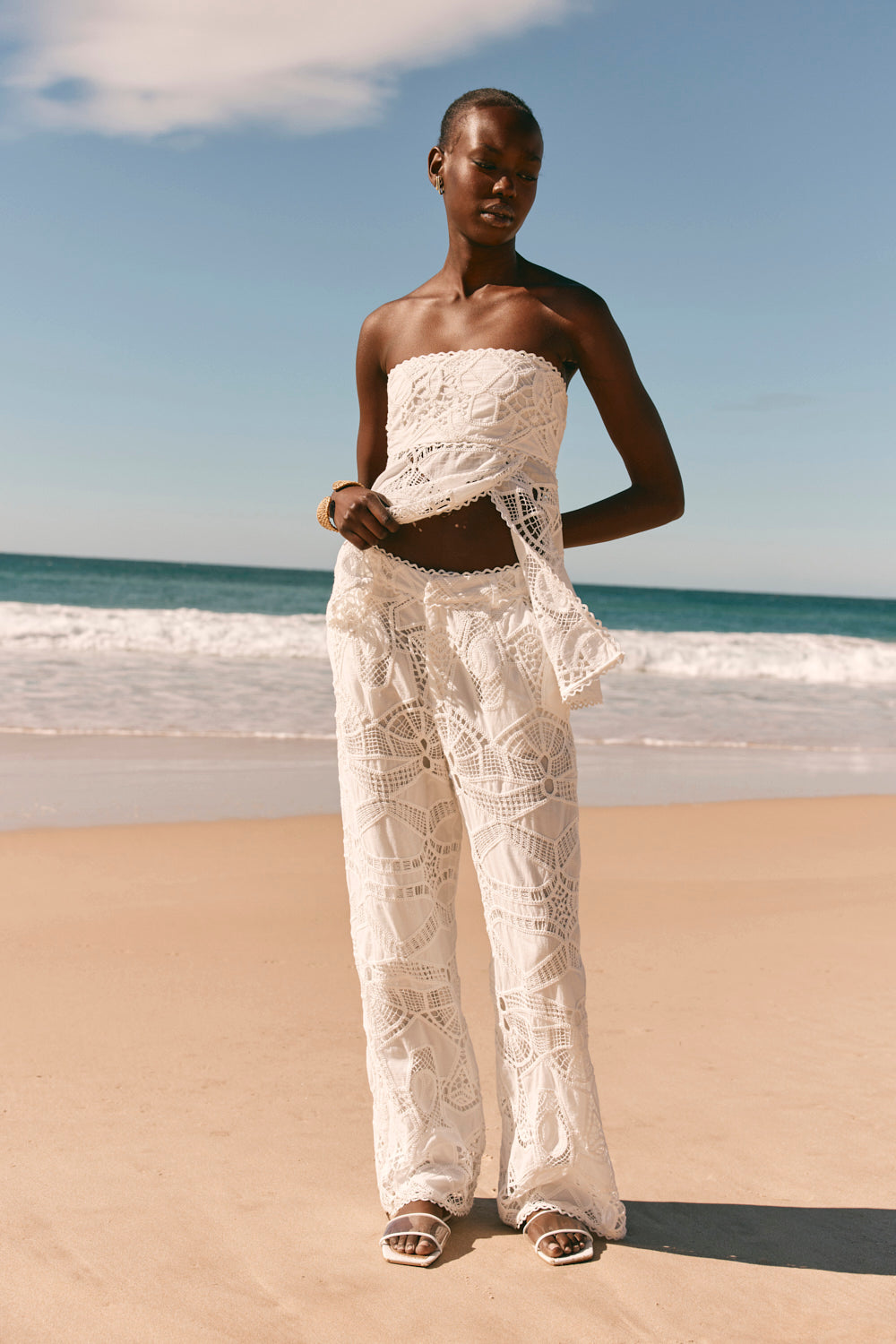 White Embroidered Cutwork Wide Leg Donna Pants