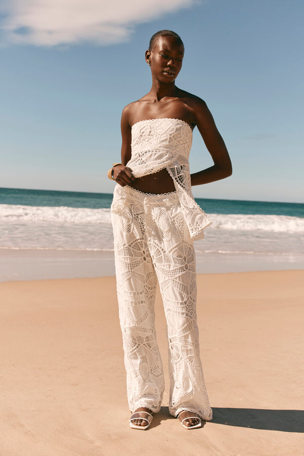 White Embroidered Cutwork Wide Leg Donna Pants