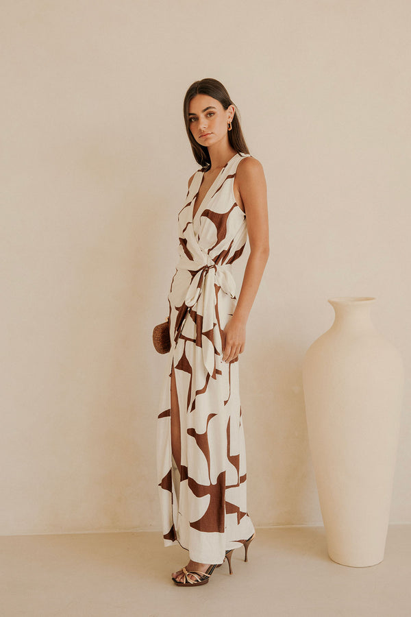 Madeira Split Wrap Maxi Dress - Brown, White Sunroom Chocolate Print