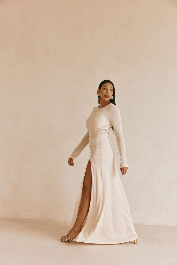 Beige Long Sleeve Slit Maxi Kay Dress 