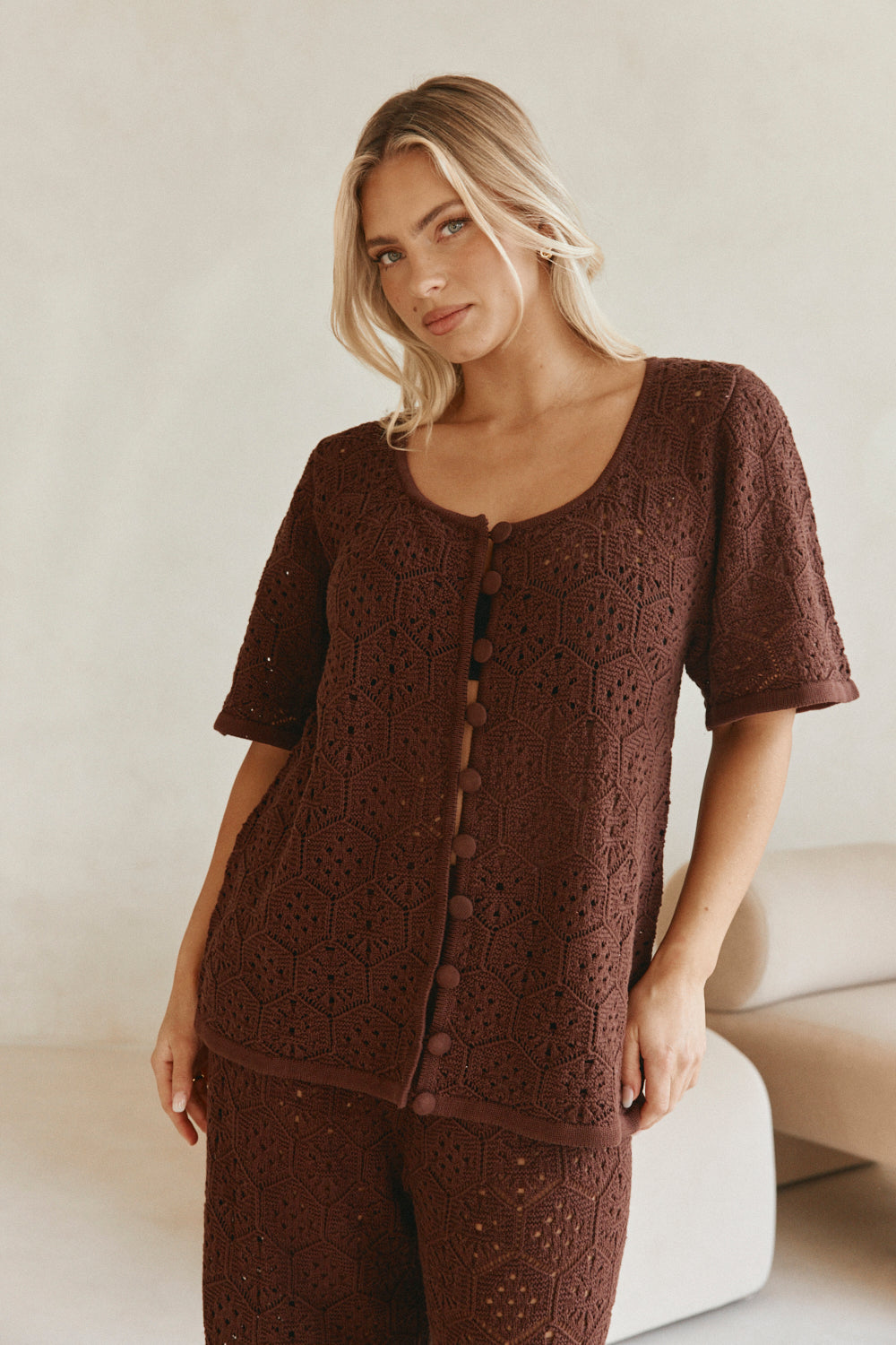 Brown Crochet Knit Button Up Umiko Top