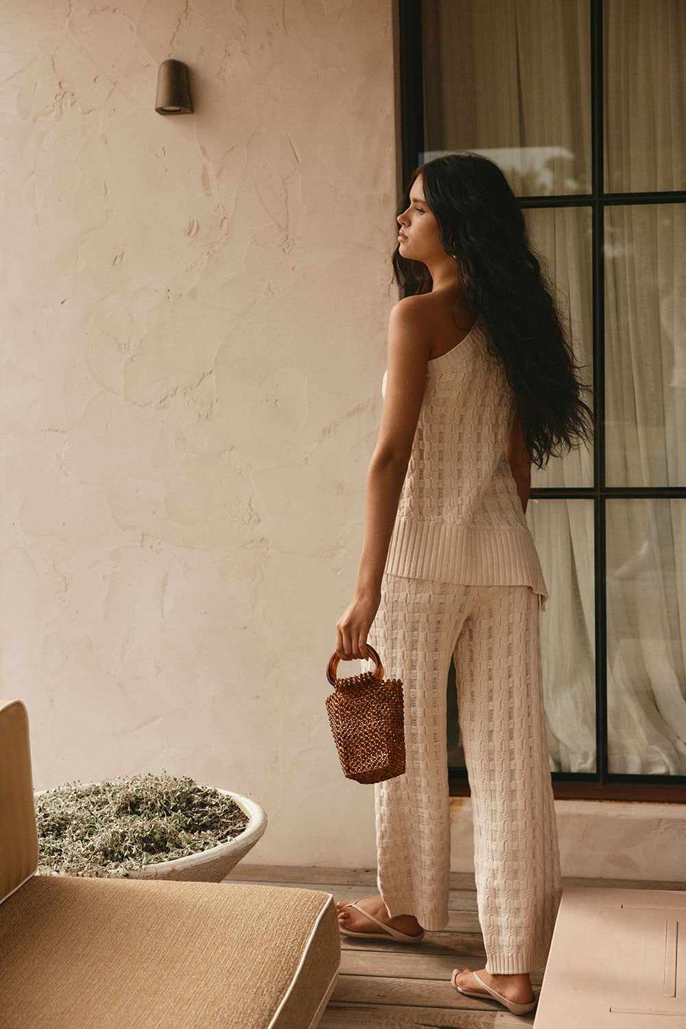 Beige Textured Knit Elastic High Waist Amirah Pants