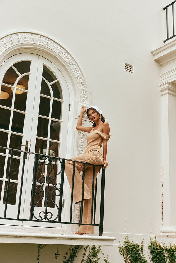 Tan Knit High Waist Elastic Sienna Pants