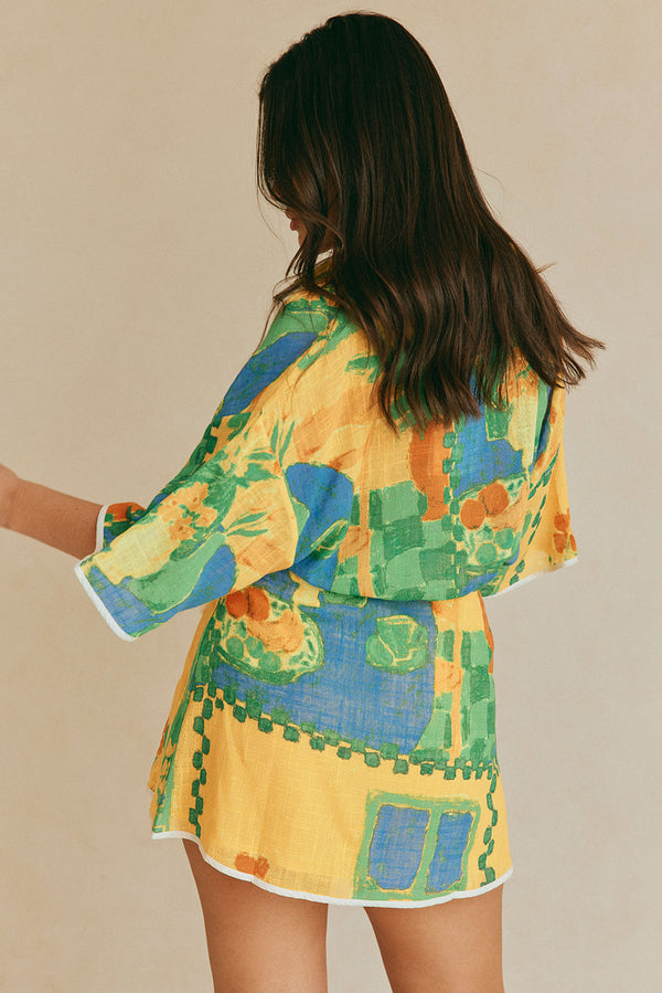 Cascade Button Up Short Sleeve Top - Green, Blue & Orange Morning Yellow Print