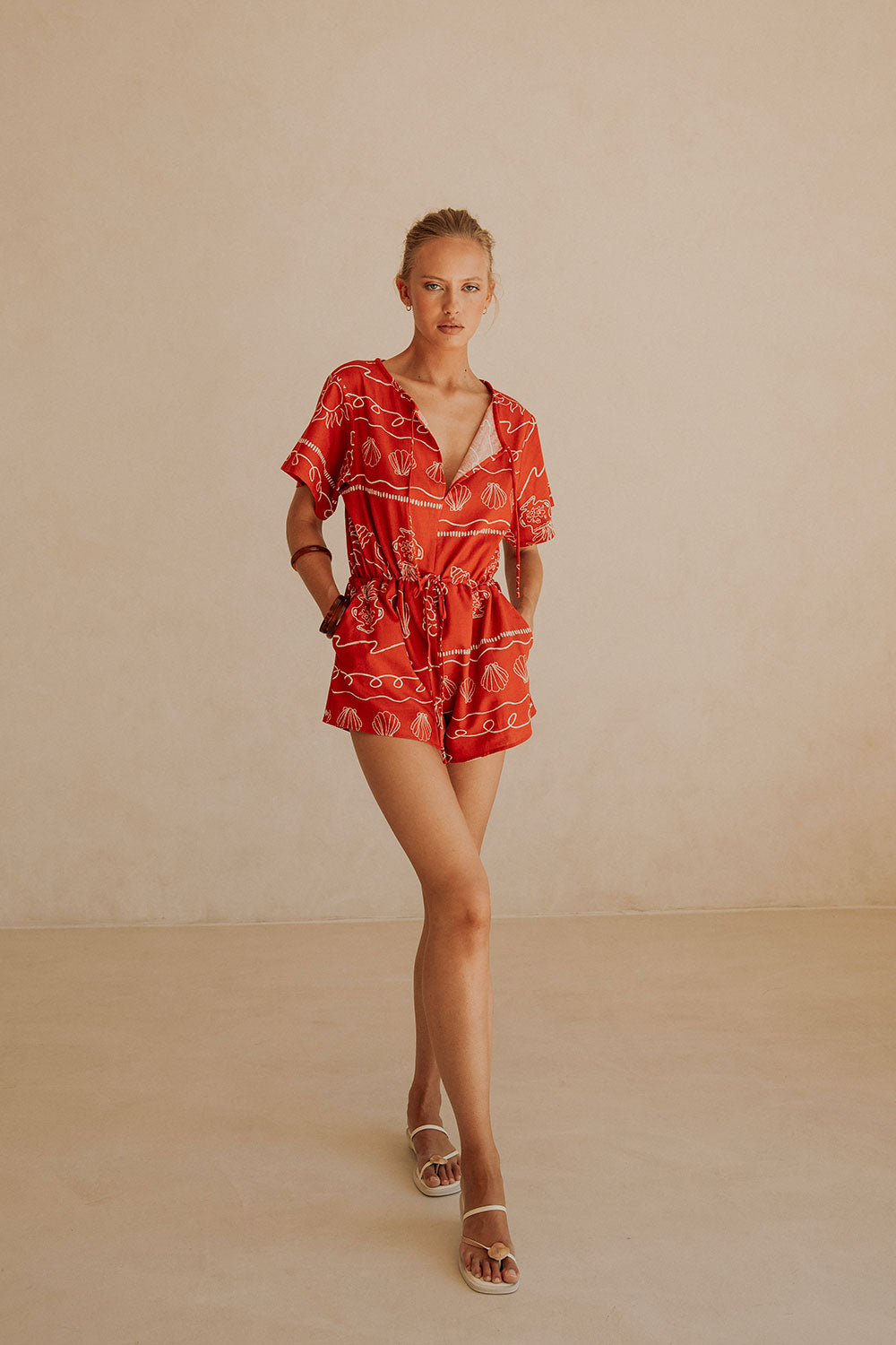 Red Short Sleeve Drawstring Alias Playsuit