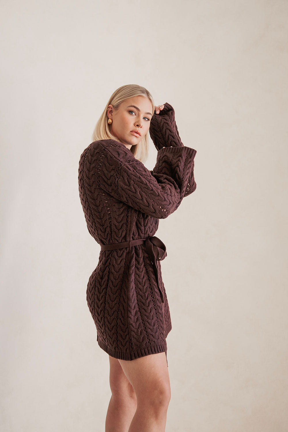 Brown Cable Knit Long Sleeve Tie Mini Sophie Dress