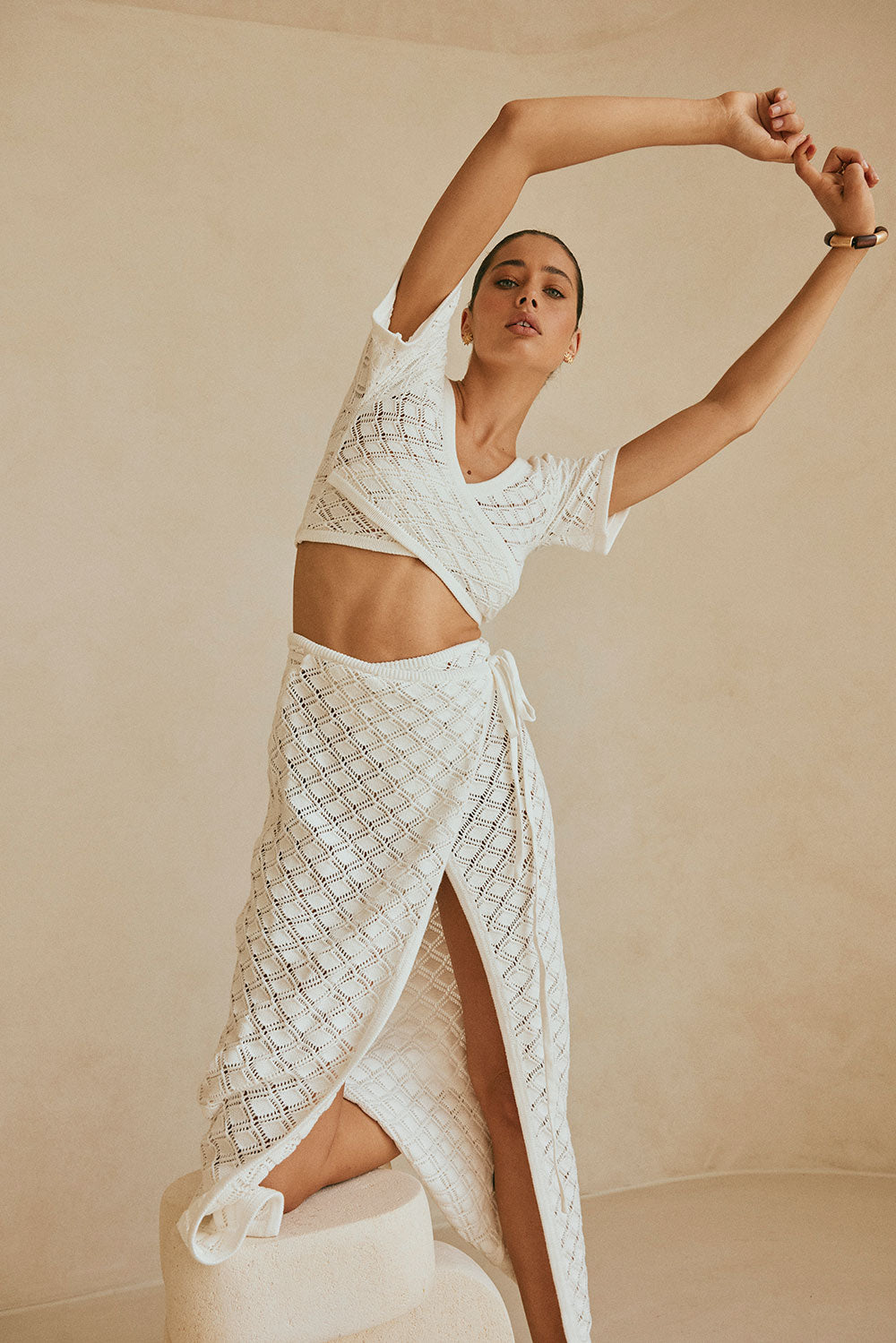 White Knit Short Sleeve V Neck Wrap Karlia Top