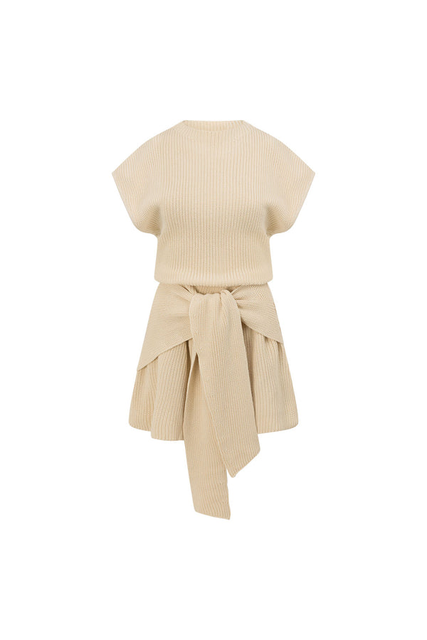 Beige Cotton Knit Draped Mini Lovina Dress