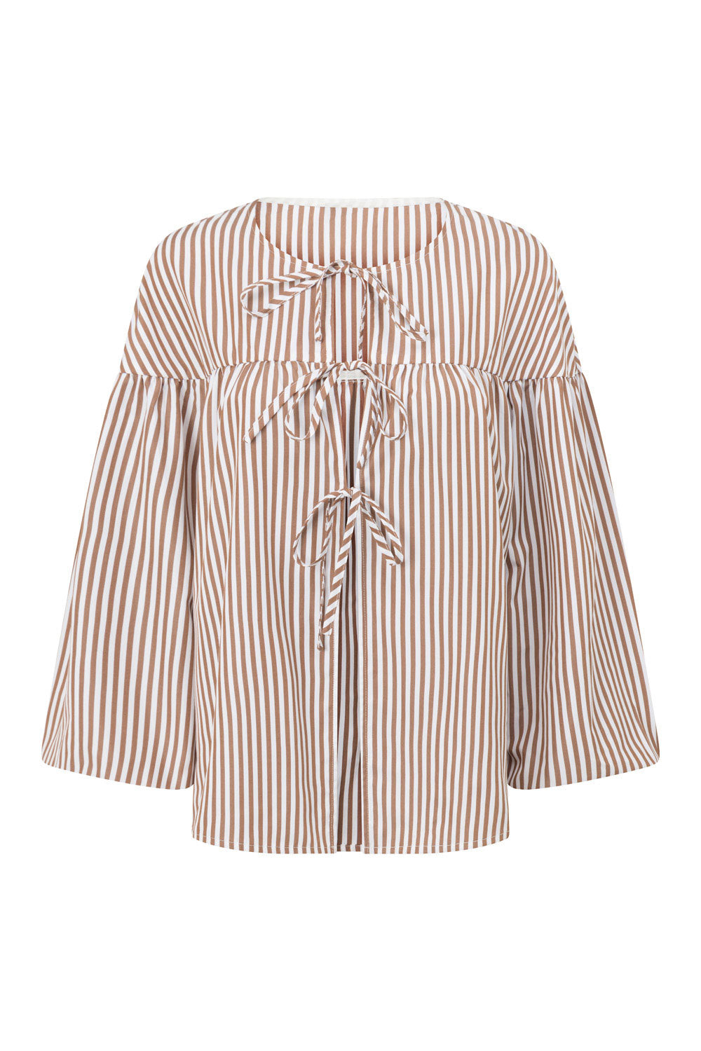 Pennie Long Sleeve Tie Top - Brown, White Stripe
