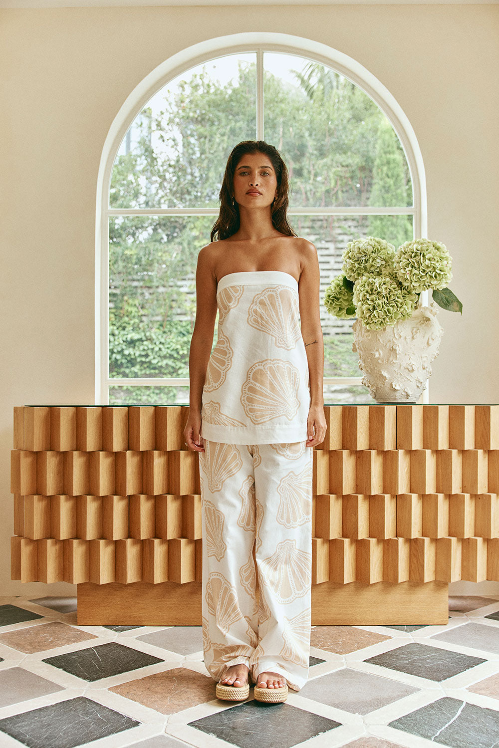 White Coastal Shell Print High Waist Bahari Pants