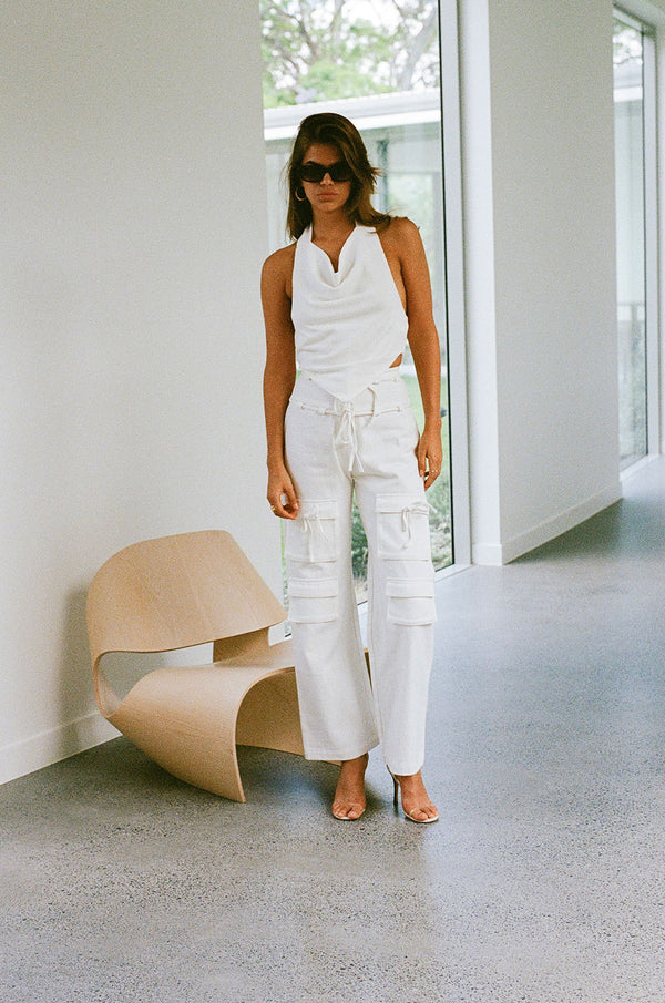 White High Waist Cargo Pocket Tie Jaicee Pants