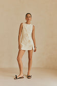 Cream Denim A-Line Bow Mini Kapri Dress