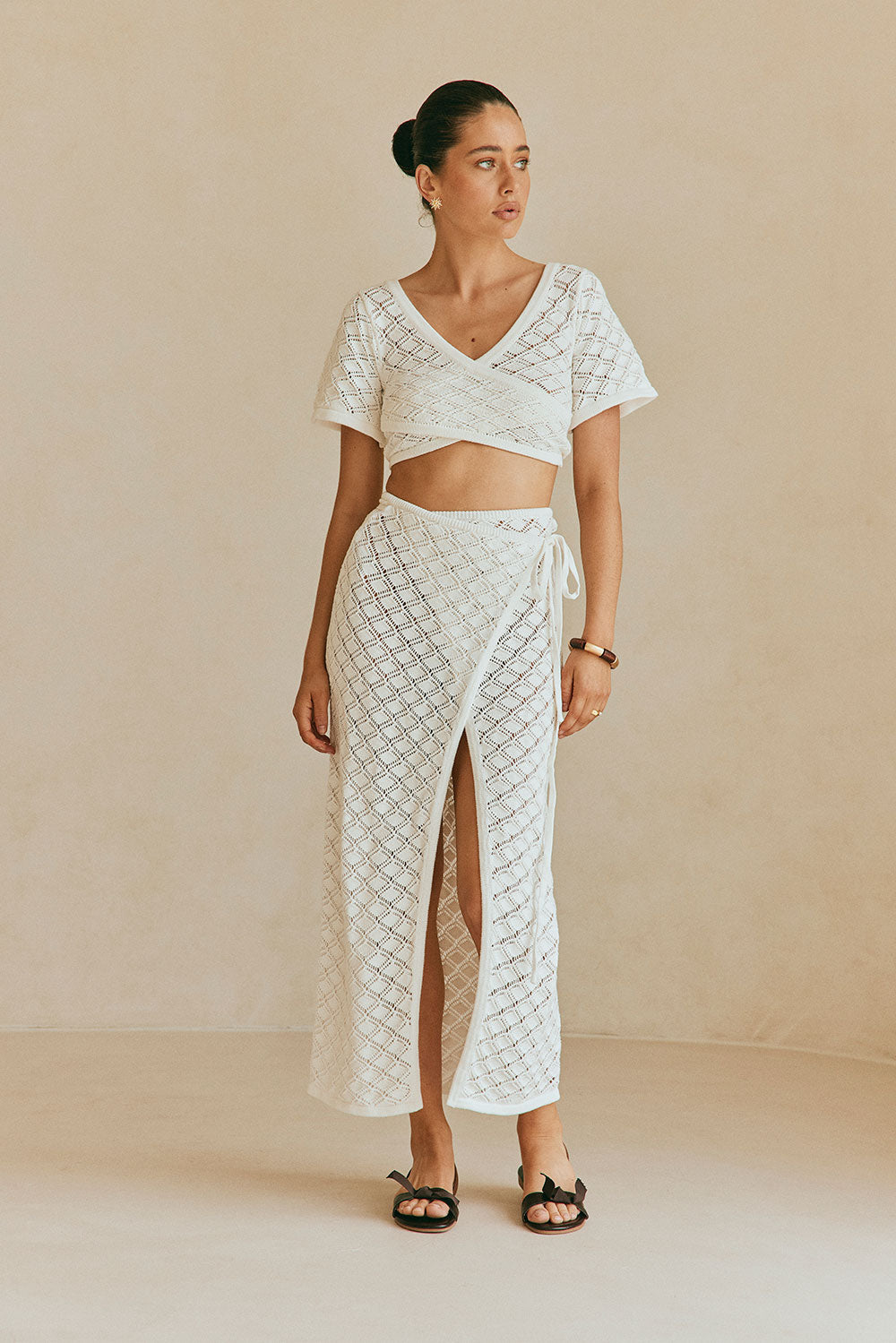 White Knit Short Sleeve V Neck Wrap Karlia Top