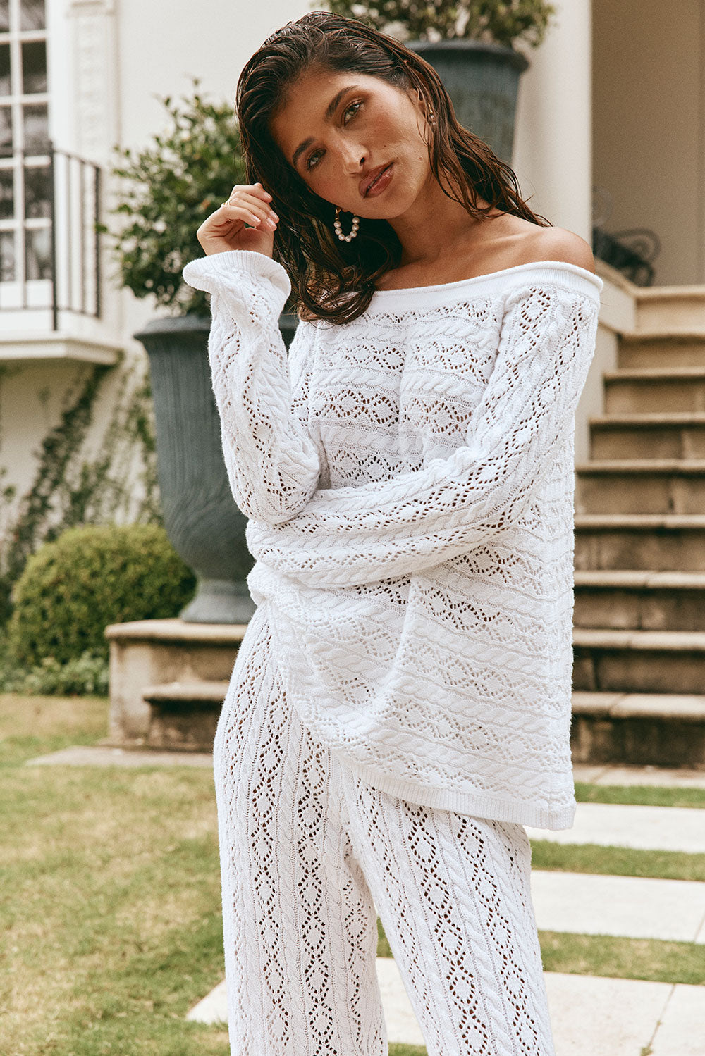 Cierra Off Shoulder Long Sleeve Top - White Knit