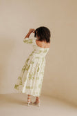 Leesa Puff Sleeve Midi Corset Dress - Floral Print White, Green