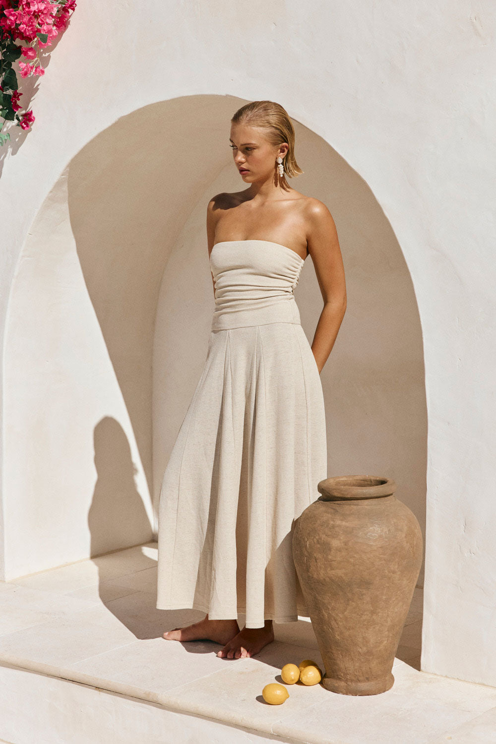 Beige Woven Strapless Pleated A Line Maxi Karalina Dress