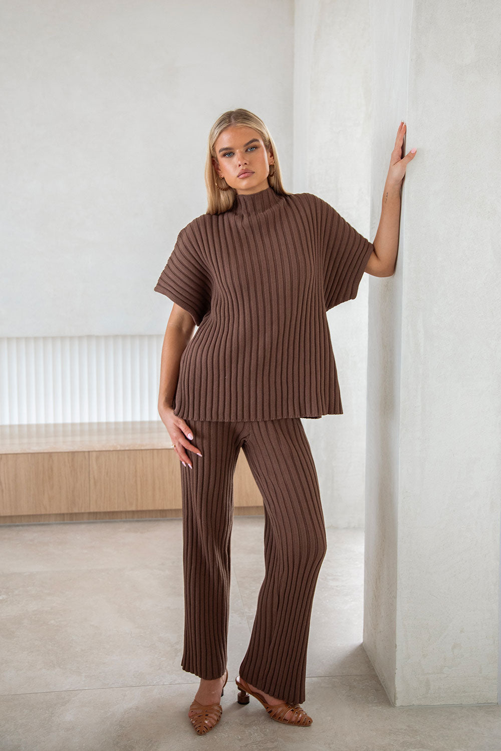 Chocolate Brown Ribbed Knit Short Sleeve Celine Top