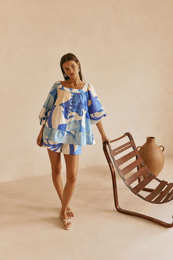 Valley Blue Print Puff Sleeve Button Elara Top
