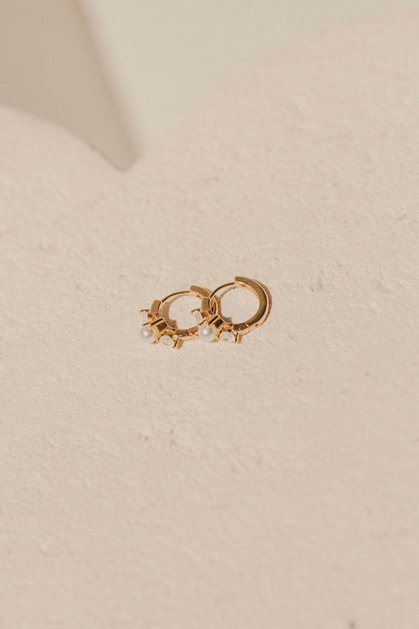 Gold Toned Pearl Gem Huggie Lira Earrings