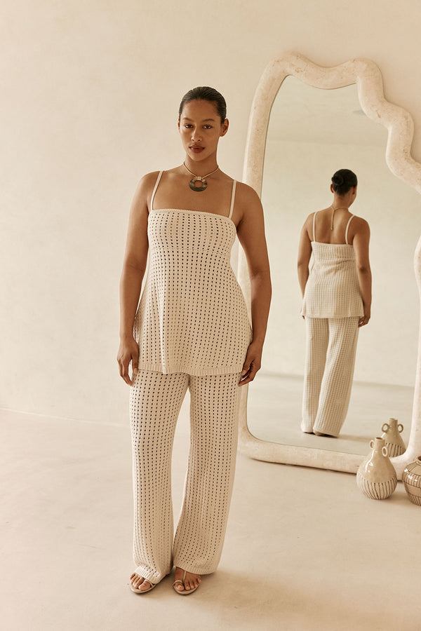 Beige Crochet Knit High Waist Nev Pants