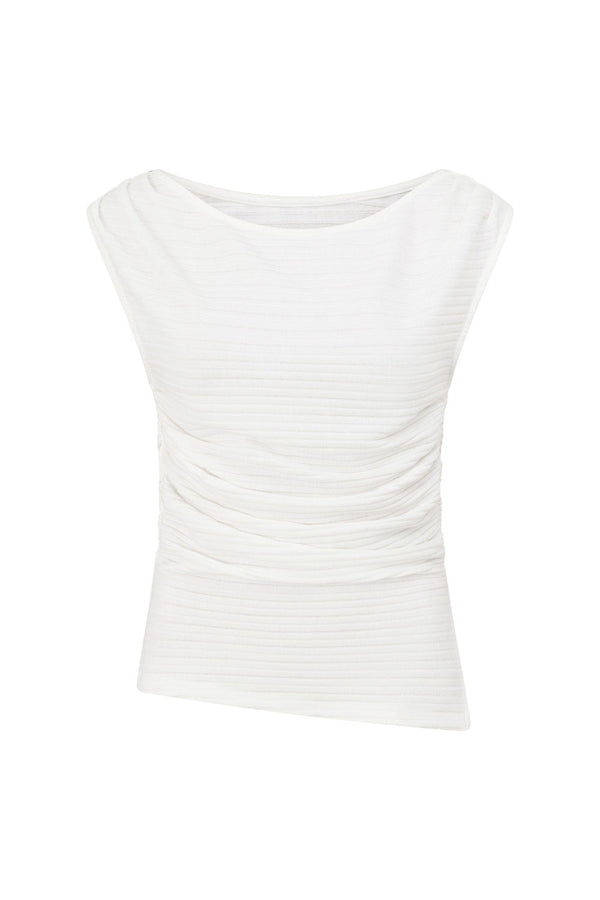 White Ribbed Boat Neck Ruched Detail Deni Top