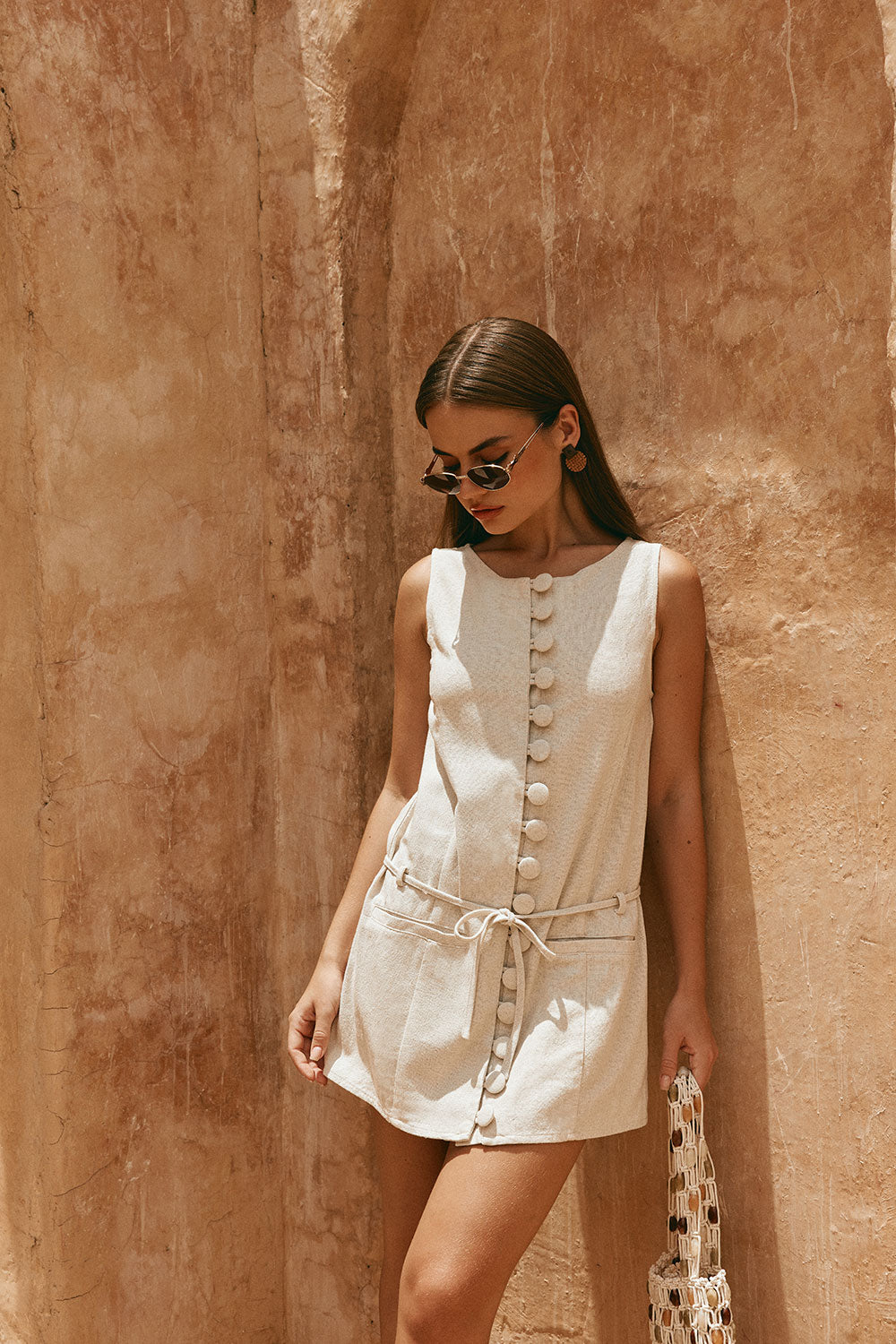 Beige Button Up Mini Alianna Dress