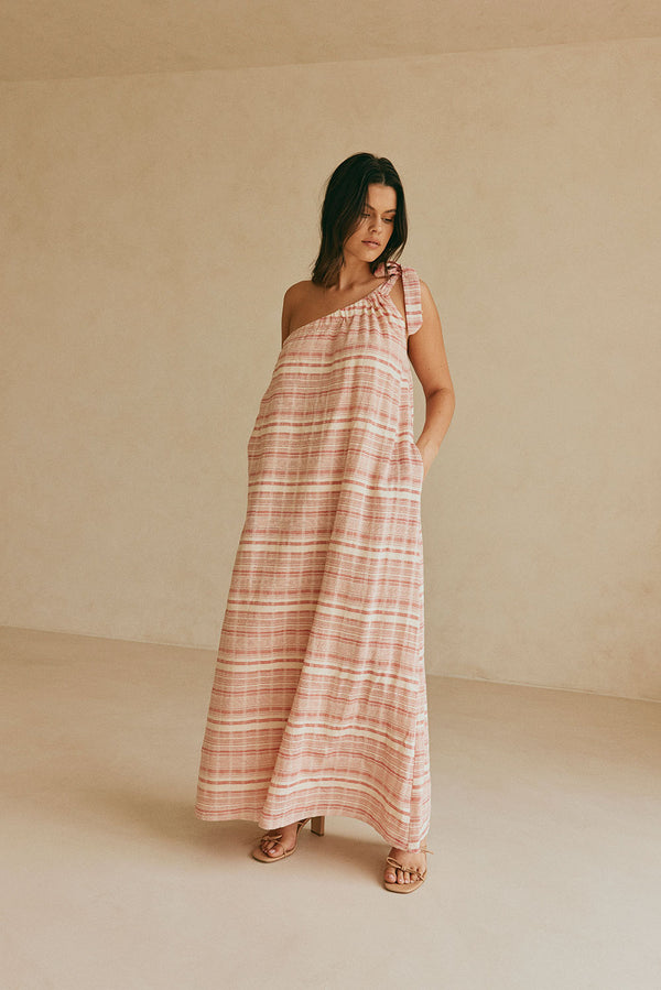 Pink And White Stripe One Shoulder Navi Maxi Dress