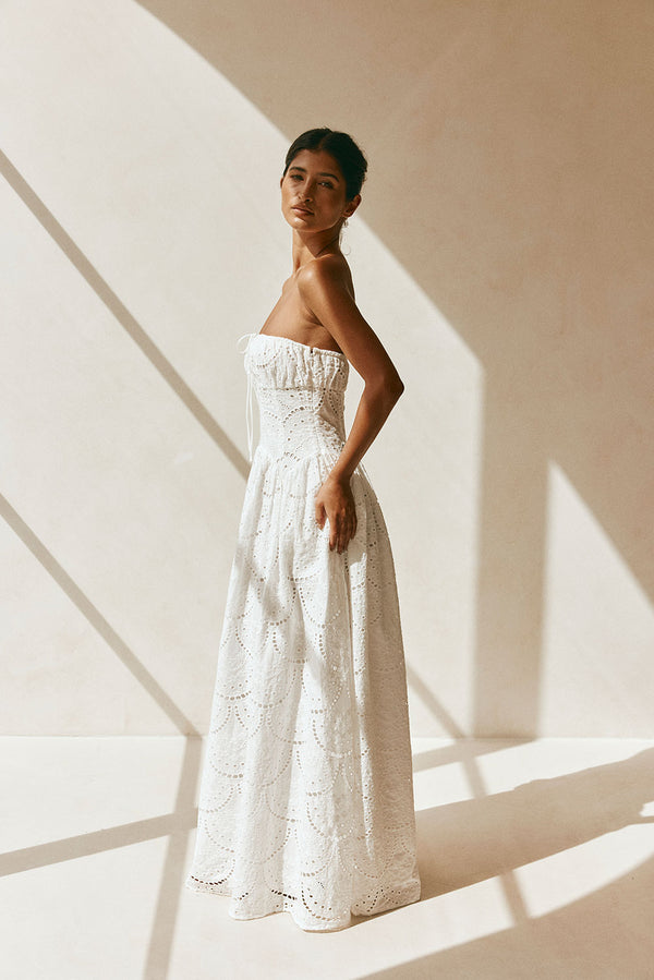Bridal White Embroidered Strapless Maxi Zina Dress