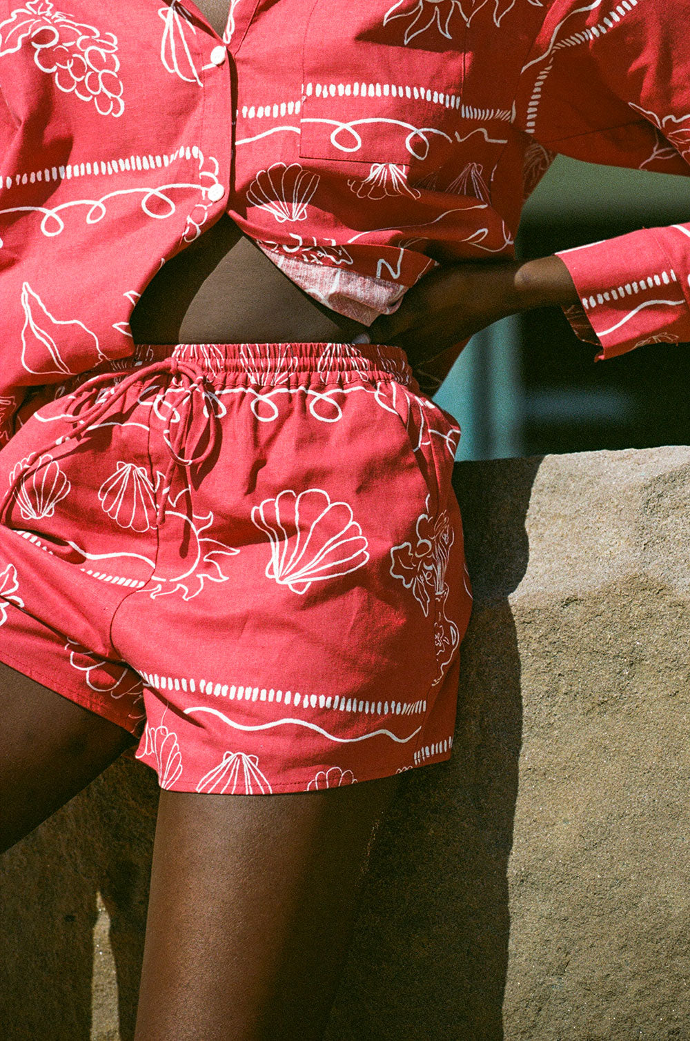 Red Linen Blend High Waist Drawstring Zuli Shorts