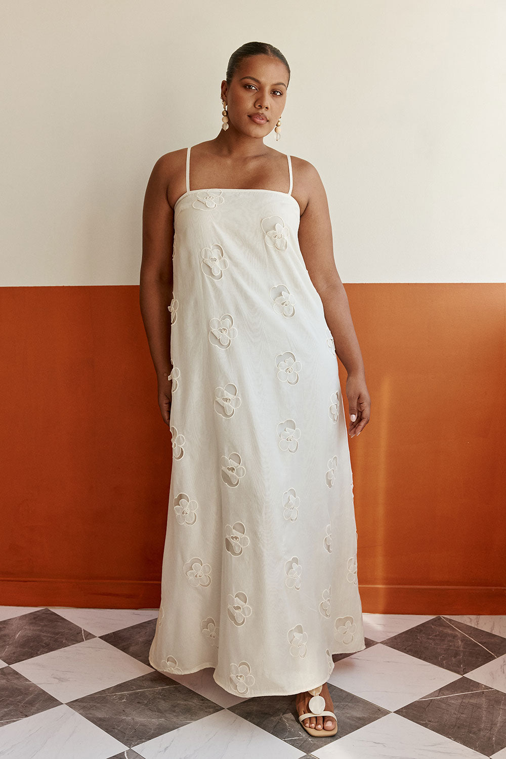 beige dress with flowers Beige Cutwork Babydoll Maxi Melena Dress – SABO